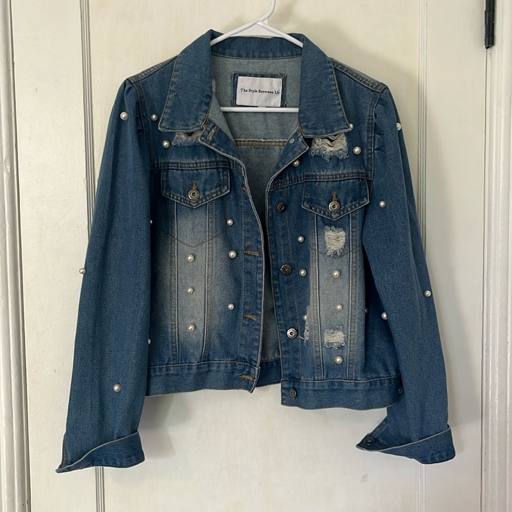 Distressed pearl jean jacket